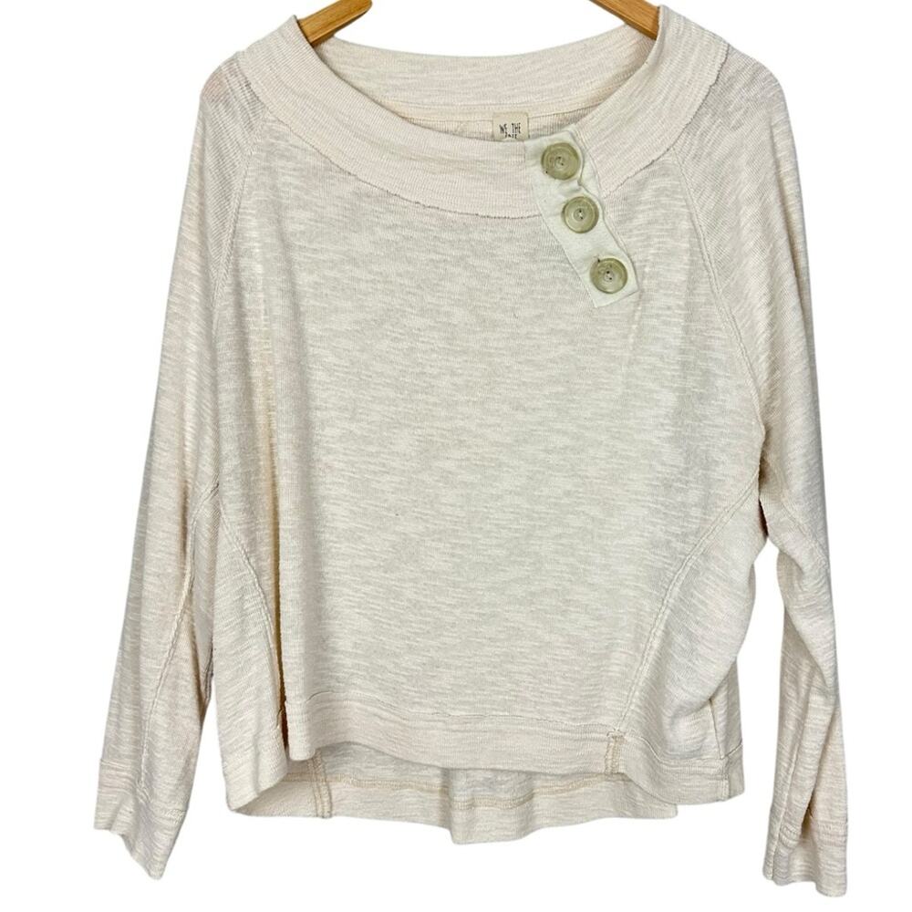 We The Free Cream Boat Neck Button Cotton Knit Thermal Sweater Sz M Boho Basic